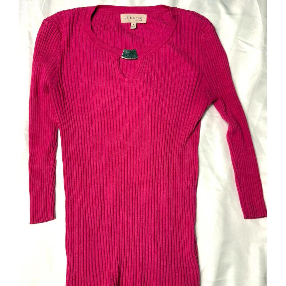 PHILOSOPHY Women's Pink Ribbed 3/4 Sleeve Rayon/Nylon Sweater M‎
